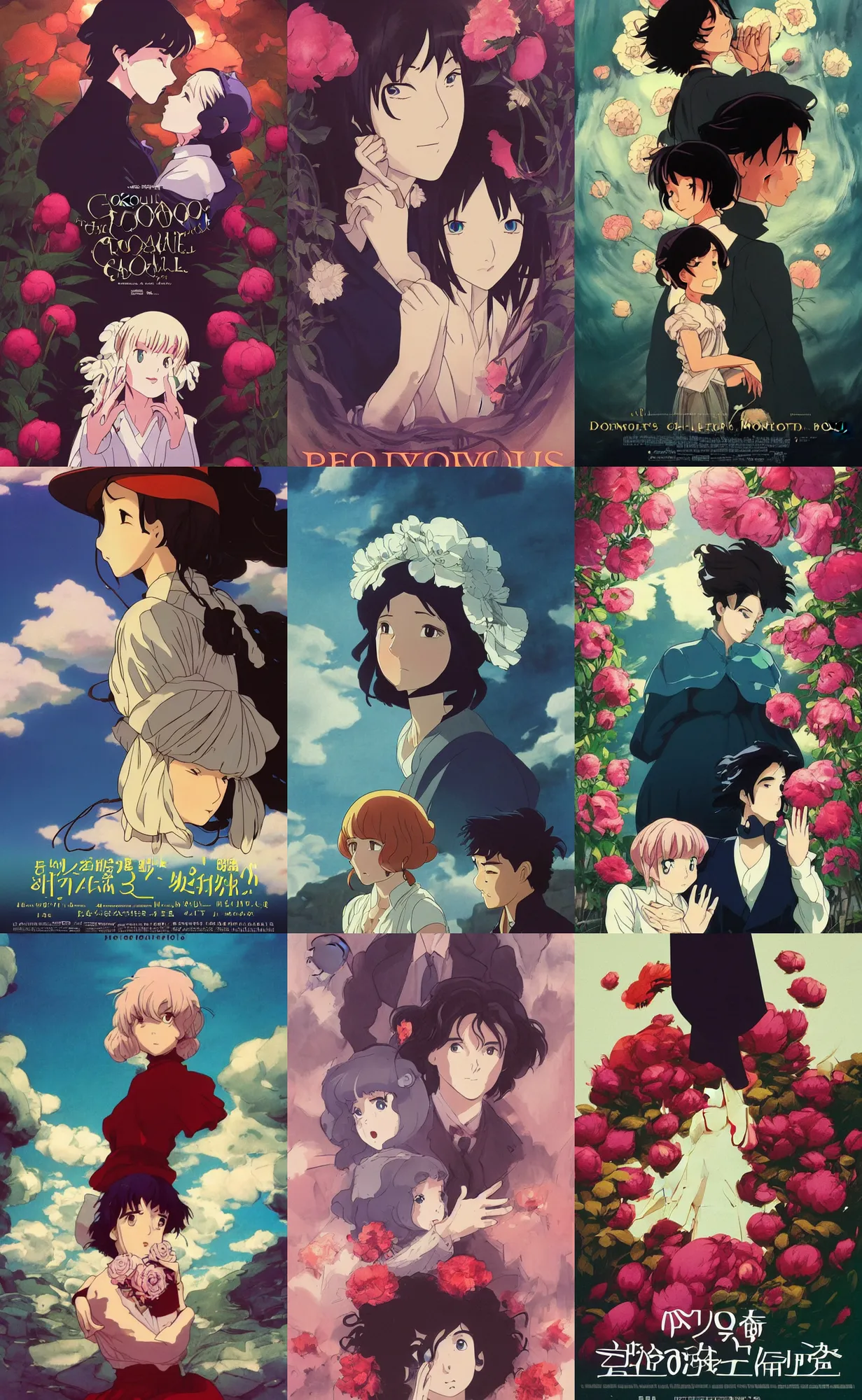 Image similar to bestselling movie poster, official media,a cinematic beautiful closeup moment of saying goodbye. peonies howls moving castle, simple form, brutal shapes, shaman, pixiv, 1970s fashion, official anime media, cinematic lighting, artwork by doja cat, charlie bowater, Joaquin Sorolla, john william, waterhouse, ,greg rutkowski, wong kar wai