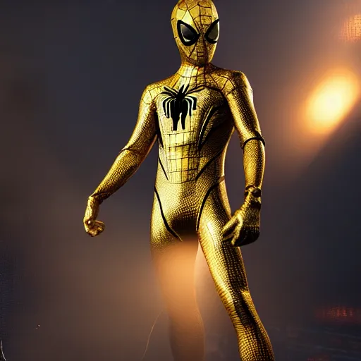 Prompt: gold spider - man suit with black web lining, cinematic, volumetric lighting, realistic, hyperdetailed, photorealistic, photograph