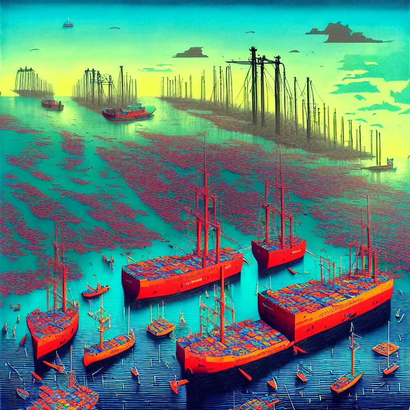 Prompt: surreal glimpse into other universe, a shipping seaport, summer morning, very coherent and colorful high contrast, art by!!!! gediminas pranckevicius!!!!, geof darrow, floralpunk screen printing woodblock, dark shadows, hard lighting, stipple brush technique,