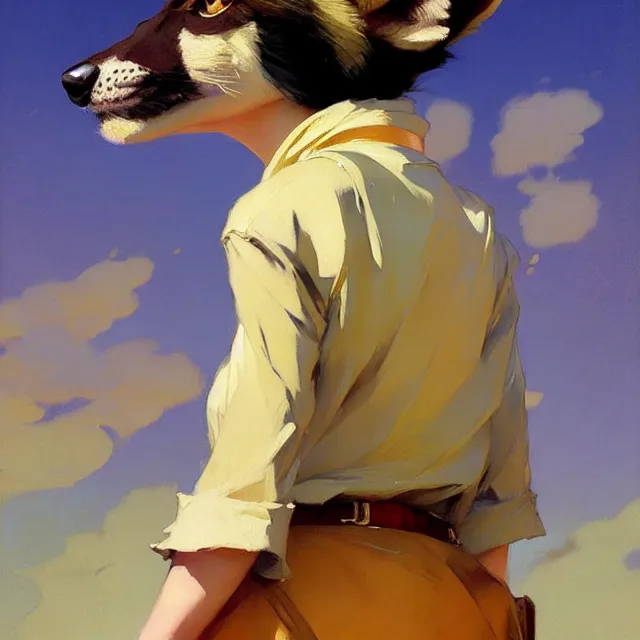 Image similar to a female character inspired by an african wild dog, short hair, basic background, krenz cushart, mucha, ghibli, by joaquin sorolla rhads leyendecker, by ohara koson