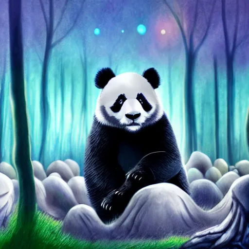 Prompt: a panda in the forest of bioluminescent mushroom ,realistic ,magical forest, 8k , digital art ,