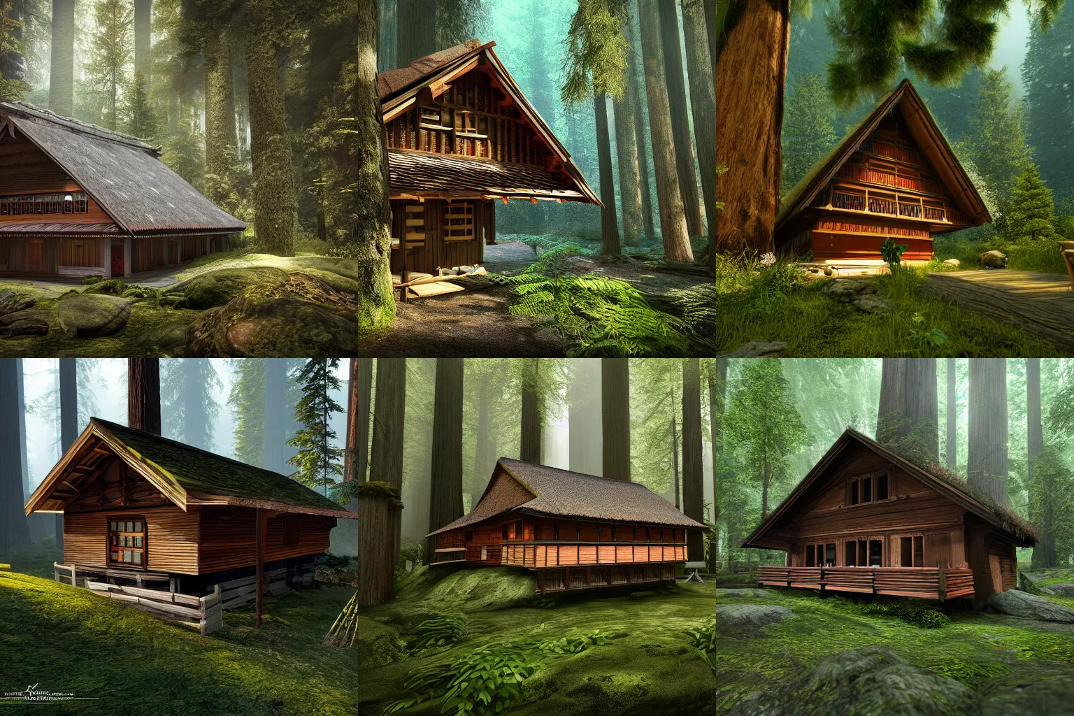 Prompt: small swiss cottage inside a huge redwood forest, low angle photograph, unreal engine, shoji screen design