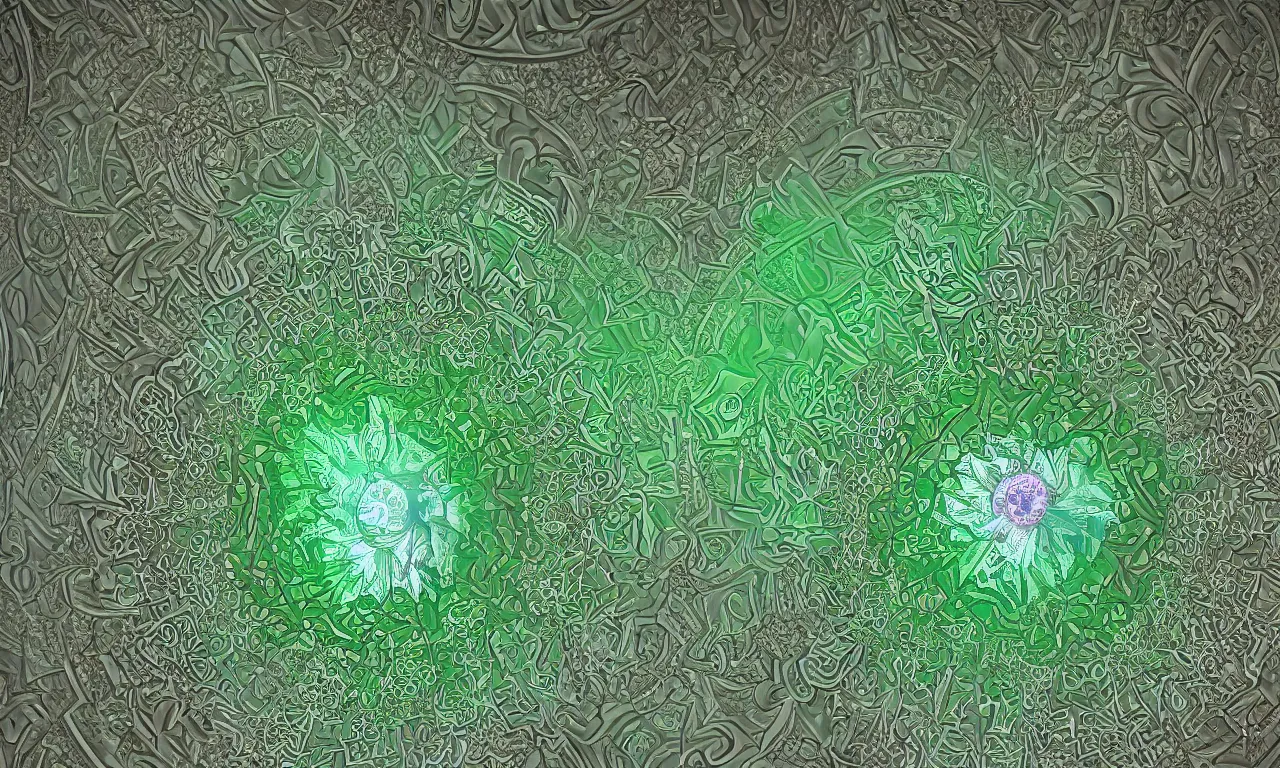 Image similar to mandelbrot 3 d volume fractal mandala ceramic chakra digital color stylized an ancient white bone and emerald gemstone relic, intricate engraving concept substance patern texture natural color scheme, global illumination ray tracing hdr fanart arstation by sung choi and eric pfeiffer and gabriel garza and casper konefal