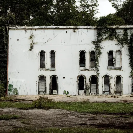 Image similar to enormous white building with small windows in the middle of a green pairie, strange, disproportioned, weird, odd architecture, hyper detailed, whitewash, old, abandoned,