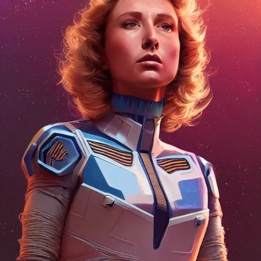 Prompt: Aly Michalka as a stunning , beautiful retro SCI-FI space heroine 1985 , movie poster, intricate, elegant, highly detailed, centered, digital painting, trending on artstation, concept art, smooth, sharp focus, illustration, art by raphael lacoste ,eddie mendoza ,alex ross, WLOP