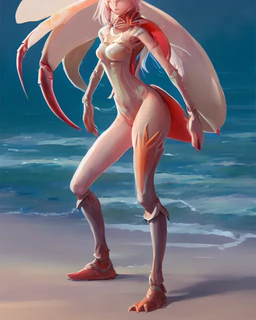 Prompt: concept art of a crab girl hybrid, wearing tight medival clothes, walking through a shallow beach | | cute - fine - fine details by stanley artgerm lau, wlop, rossdraws, and sakimichan, trending on artstation, brush strokes