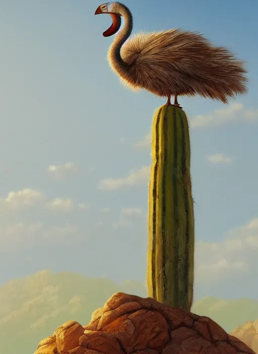 Prompt: A dodo bird perched atop a Saguaro cactus in the desert, digital art, trending on Artstation, high detail, sharp focus, illustration, art by artgerm and greg rutkowski.