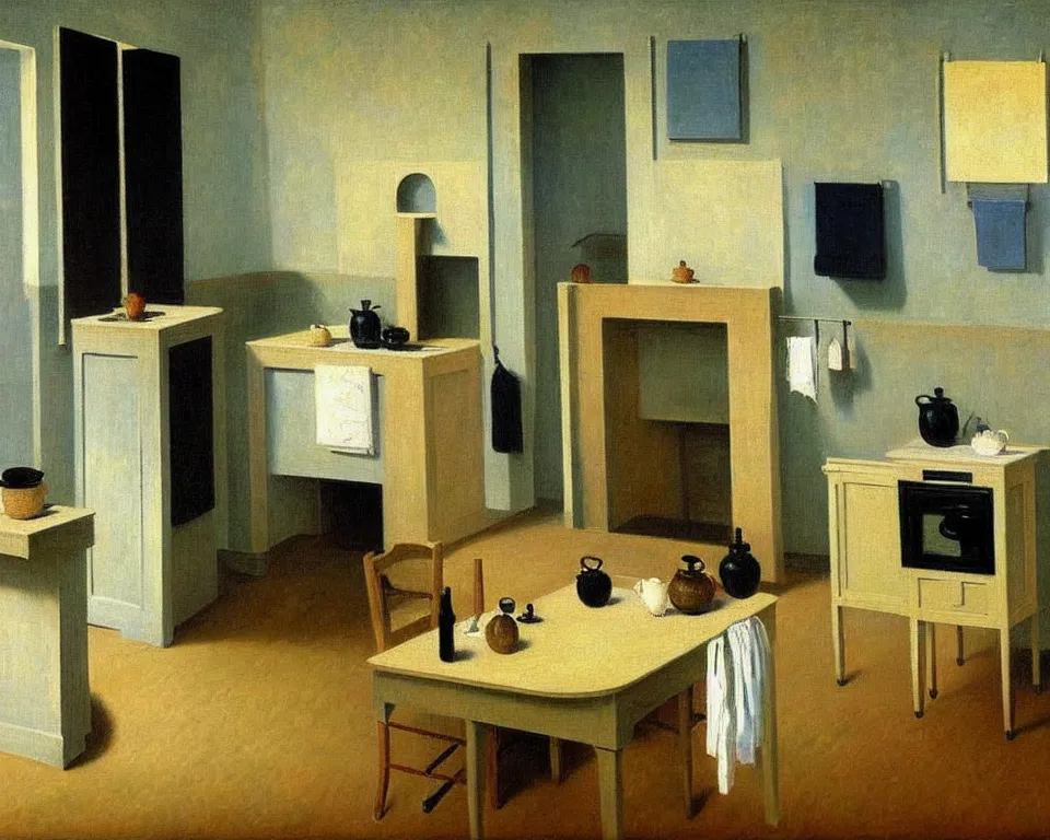 Image similar to achingly beautiful painting of a sophisticated, well - decorated kitchen by rene magritte, monet, and turner.