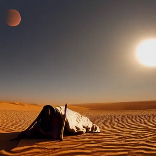 Prompt: a photo of Ghandi sleeping rough in the Sahara during eclipse sunrise, perfect lighting