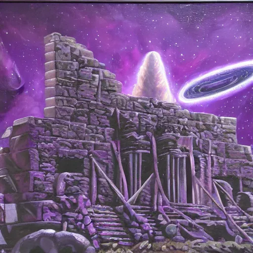 Prompt: purple lovecraftian temple ruins in space, oil painting