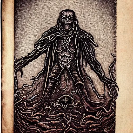 Prompt: Legend has it that it was written by the Dark Ones. Necronomicon Ex-Mortis. Roughly Translated Book of the Dead. The book served as a passage way, to the evil worlds beyond. It was written long ago when the seas ran red with blood, It was this blood that was used to ink the book.