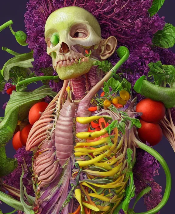 Prompt: anatomy illustration made with vegetables and fruits, ultra realistic, concept art, photorealistic, octane render, 8 k, unreal engine. art by gustave dore and nori inoguchi and sam kaplan and zachary goulko and christopher marley and artgerm and alphonse mucha, bright colors