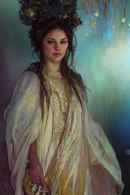 Image similar to hyperrealist portrait of a girl emperorit is decorated with long robes that fall like stars. by jeremy mann and alphonse mucha, fantasy art, photo realistic, dynamic lighting, artstation, poster, volumetric lighting, very detailed faces, 4 k, award winning