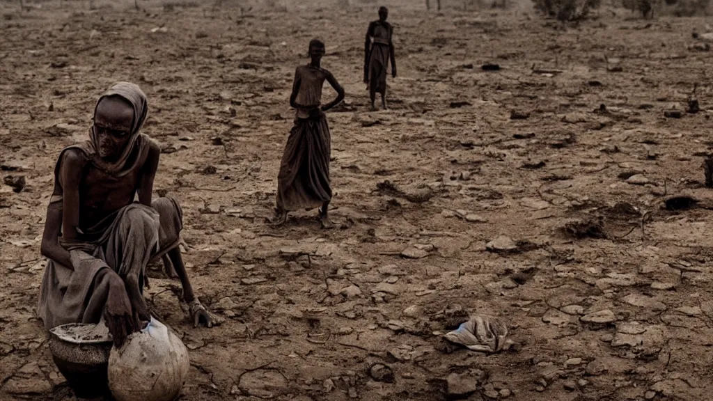 Prompt: 1984 Ethiopian famine and drought, moody and dark movie scene, illustrative, hd, 4k, wide shot