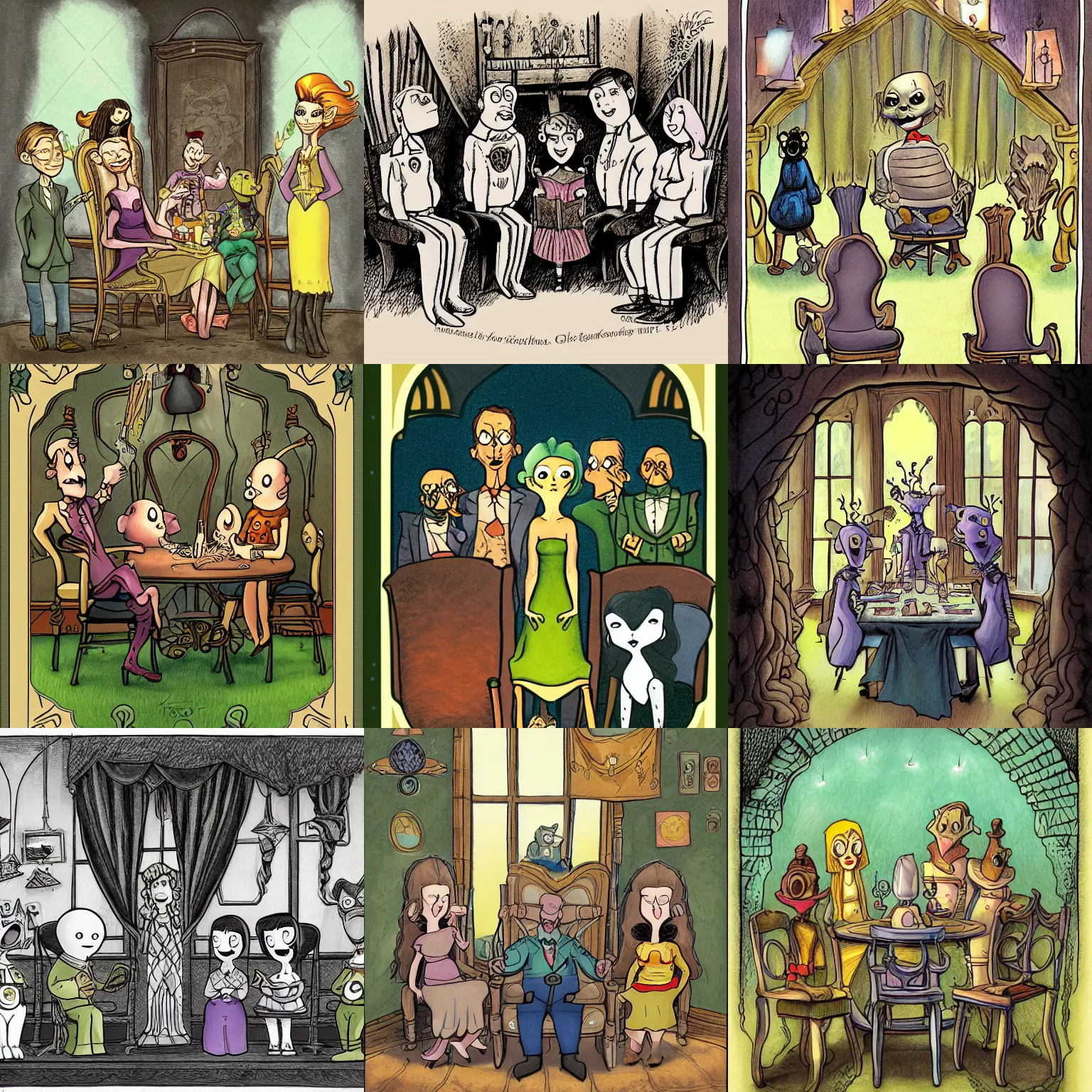 Prompt: a group of cartoon characters standing around a chair, a storybook illustration by tony diterlizzi, deviantart contest winner, gothic art, storybook illustration, official art, tarot card