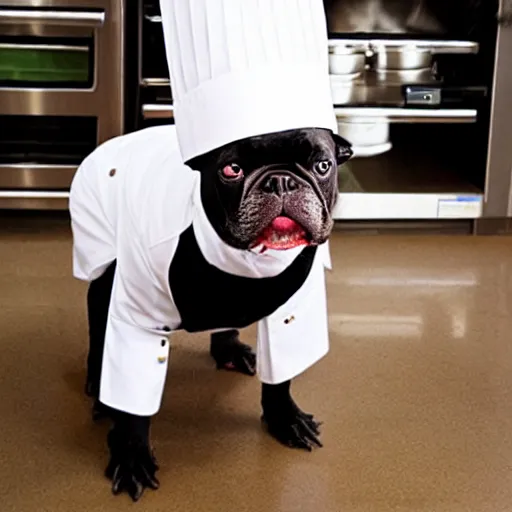 Image similar to black French Bulldog dressed as a chef