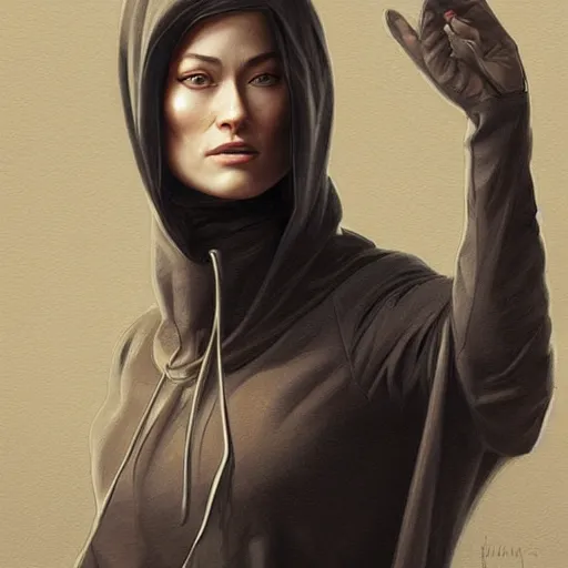 Image similar to full figure ultra realistic illustration, olivia wilde with light brown hair wearing a black hoodie, intricate, elegant, highly detailed, digital painting, artstation, concept art, smooth, sharp focus, illustration, art by artgerm and greg rutkowski and alphonse mucha