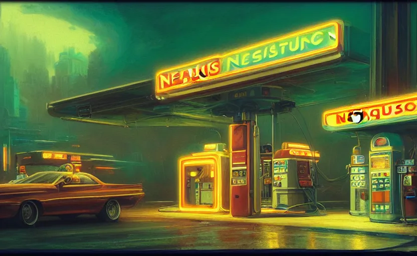 Prompt: Neoclassical Gas station, illustrated by Greg Rutkowski and Gaston Bussiere, 35mm lens, beautiful macro close-up imagery, vibrantly lush neon lighting, beautiful volumetric-lighting-style atmosphere, a futuristic atmosphere, intricate, detailed, photorealistic imagery, trending on artstation, 4k, 8k