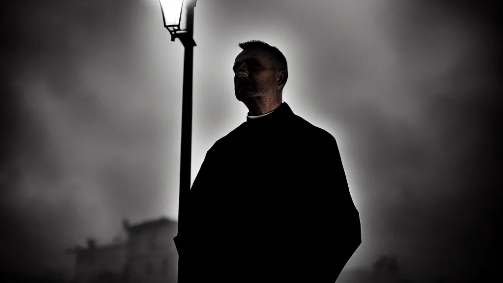 Image similar to portrait of a priest in profile under street light, fog, volumetric lighting, mystique, atmospheric, sharp focus, ultra detailed, noir art house, 4 k, cinematic, 3 5 mm