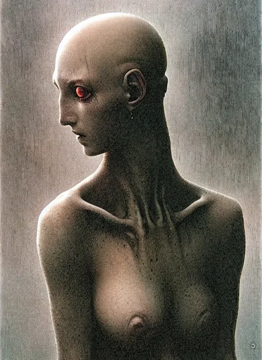 Prompt: bald lovecraftian teen girl by Beksinski and Luis Royo