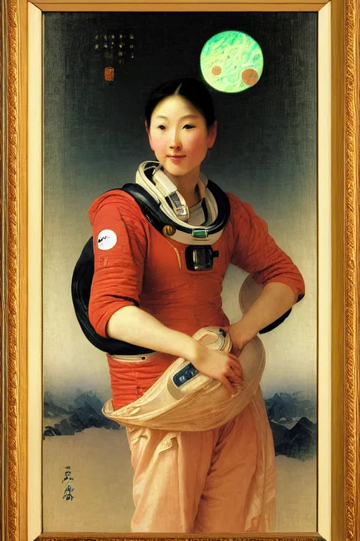 Image similar to portrait of a astronaut in astronaut closed helmet, chinese meticulous painting, by bouguereau