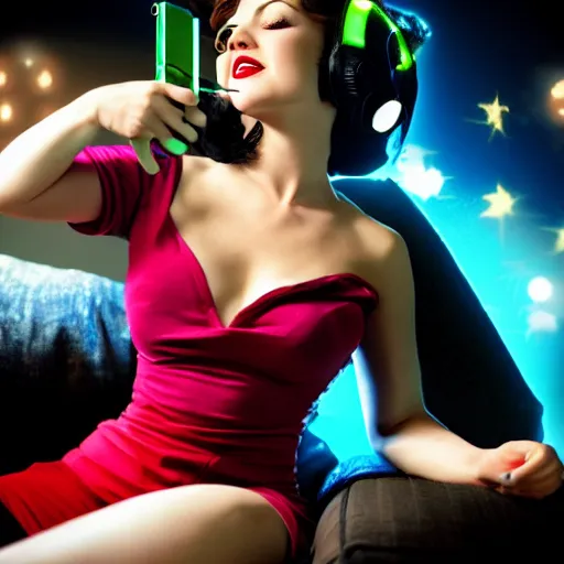 Prompt: a pin up woman playing a videogame, front view, dark lighting, couch, control, photo