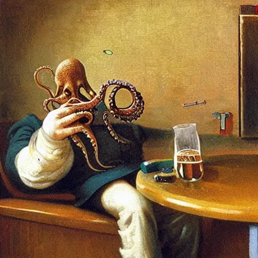 Prompt: an octopus drinking a beer in a pub, by Michael Sowa