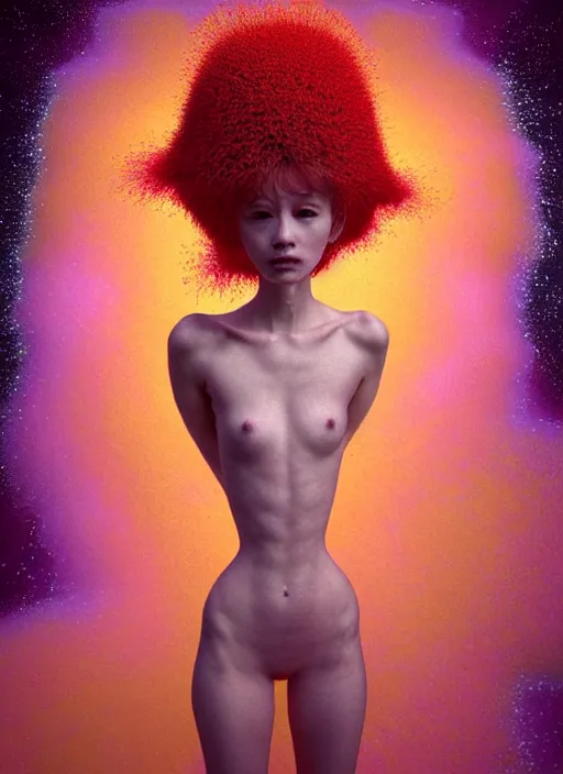 Prompt: hyper detailed 3d render like a Oil painting - kawaii fullbody standing portrait Aurora (auburn haired Singer Weaslwaif) seen Eating of the Strangling network of yellowcake aerochrome and milky Fruit and Her delicate Hands hold of gossamer polyp blossoms bring iridescent fungal flowers whose spores black the foolish stars by Jacek Yerka, Mariusz Lewandowski, Houdini algorithmic generative render, Abstract brush strokes, Masterpiece, Edward Hopper and James Gilleard, Zdzislaw Beksinski, Mark Ryden, Wolfgang Lettl, hints of Yayoi Kasuma, octane render, 8k