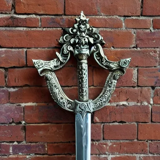 Prompt: sword of justice hanging on a wall, ornate gem in pommel