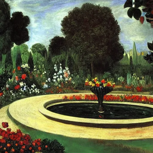 Prompt: a rose garden by Caravaggio, Monet, Picasso