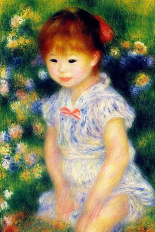 Image similar to a portrait of one Japanese cute baby girl smiling, under the sun, summer, happy, elegant, fantasy, art by Pierre-Auguste Renoir