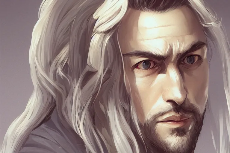 Image similar to handsome man with white long hair in kimono, d & d, fantasy, portrait, highly detailed, headshot, digital painting, trending on artstation, concept art, sharp focus, illustration, art by wlop