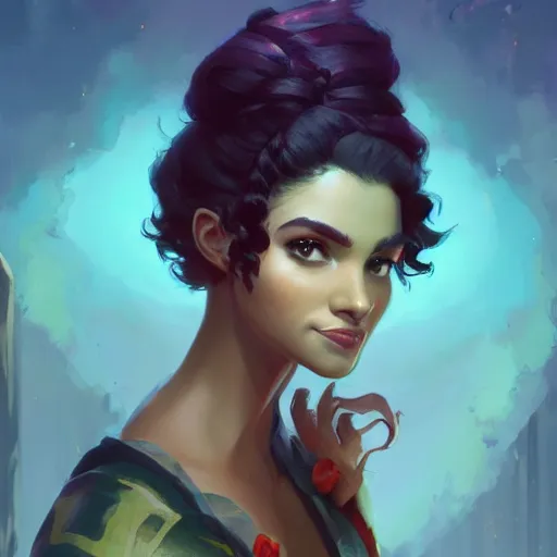 Prompt: portrait of a beautiful woman with black curly hair, maya ali mage, gloomhaven, dynamic lighting, gaudy colors, octane render aesthetic, matte painting concept art, official fanart behance hd artstation by jesper ejsing, by rhads and makoto shinkai and lois van baarle and ilya kuvshinov and rossdraws