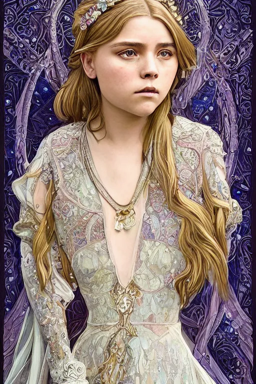 Image similar to a full body art nouveau portrait of a 16-year old girl who resembles Chloe Grace Moretz and Saoirse Ronan with a worried, intense gaze, wearing sheer silks and ornate intricate iridescent mother-of-pearl jeweled armor, intricate, elegant, highly detailed, digital painting, artstation, concept art, smooth, sharp focus, illustration, art by John William Waterhouse and William Adolphe Bouguereau and Donato Giancola and Alphonse Mucha