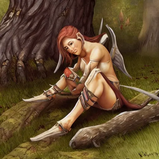 Image similar to a short, stocky female wood elf, resting after a battle, fantasy art