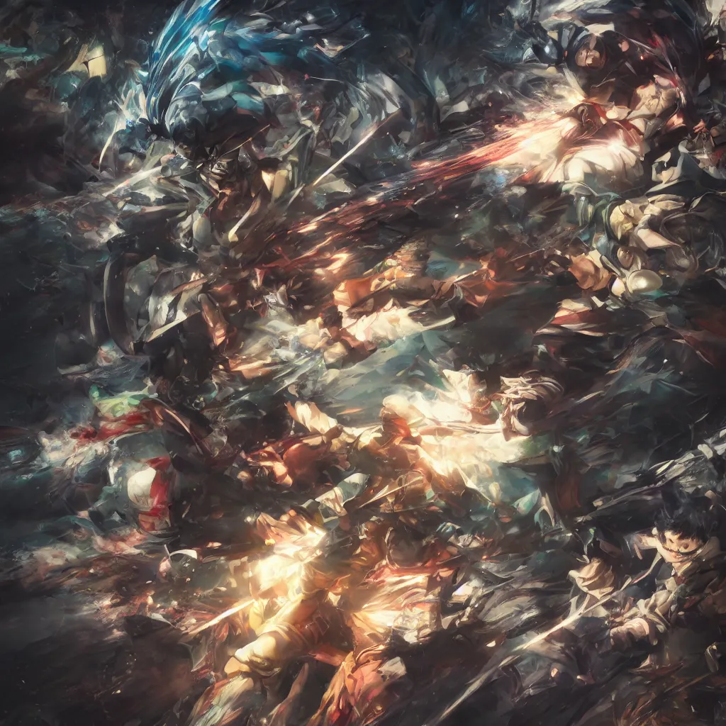 Image similar to realistic detailed fight of one main anime protagonist getting punched, sword, gun, deep rich colors, surreal, 8 k, award winning, digital manga art, vray, blur, cinematic, neon, cyberwave, ayamin kojima, gediminas pranckevicius