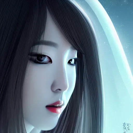 Prompt: close-up portrait of a beautiful Korean Luxurious Goddess wearing an elegant futuristic outfit posing dramatically in the art style of WLOP, 4k quality