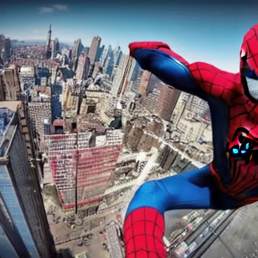 Prompt: GoPro footage of Spider-Man swinging through the city