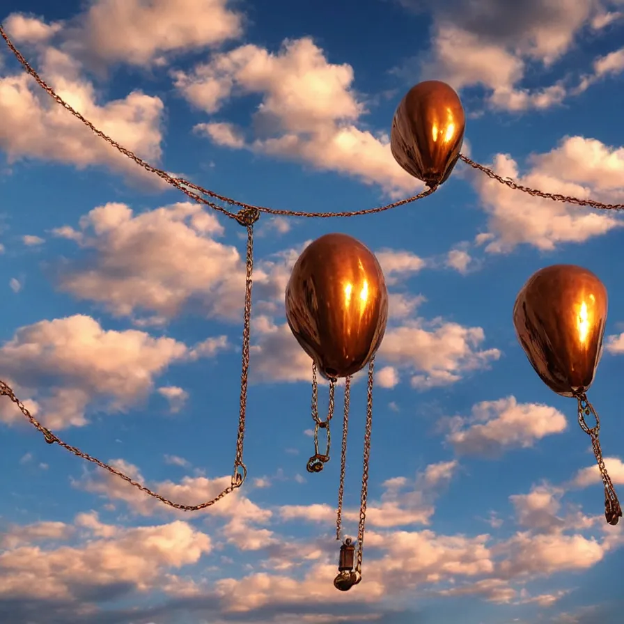 Prompt: beautiful blimps!!! high in the sky, copper chains hanging from the edges, ( ( ( steampunk styled ) ) ), ( ( golden hour ) ), steam clouds, clouds, award winning photography, highly detailed, low poly, extremely wide angle