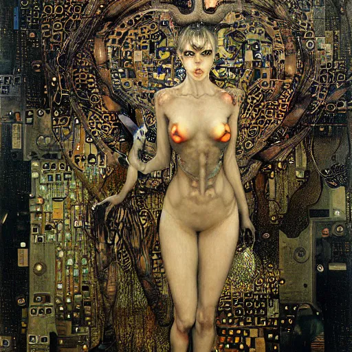 Image similar to depraved cybernetic demon lovers trapped in circuitry, intricate detail, klimt, royo, whealan,