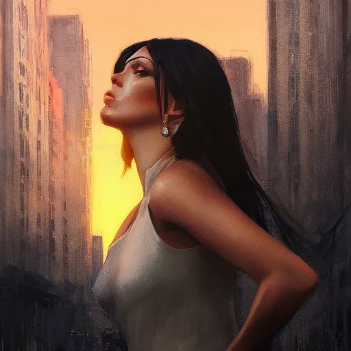 Prompt: a closeup portrait of monica belucci, dramatic light, city background, sunset, high contrast, sharp, painted by stanley lau, painted by greg rutkowski, painted by stanley artgerm, digital art, trending on artstation