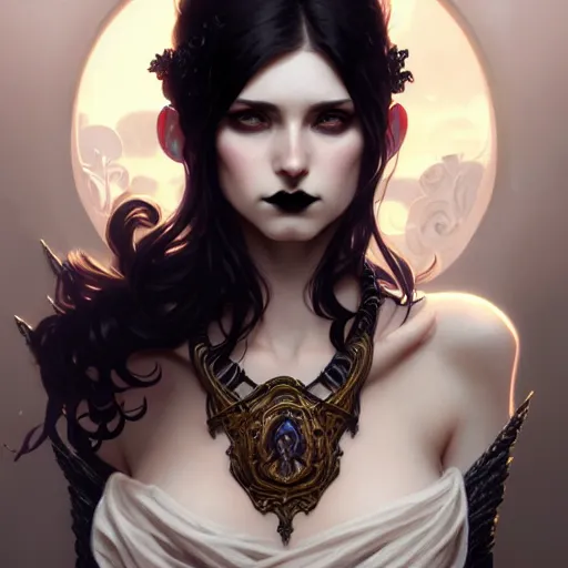 Image similar to goth gf, 8k, D&D, fantasy, intricate, elegant, highly detailed, digital painting, artstation, concept art, smooth, sharp focus, illustration, art by artgerm and greg rutkowski and alphonse mucha