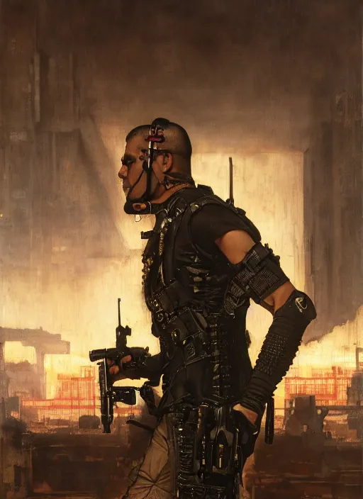 Image similar to frankenstein. cyberpunk mercenary wearing a military vest and combat jumpsuit. (Cyberpunk 2077, bladerunner 2049). Iranian orientalist portrait by john william waterhouse and Edwin Longsden Long and Theodore Ralli and Nasreddine Dinet, oil on canvas. Cinematic, hyper realism, realistic proportions, dramatic lighting, high detail 4k