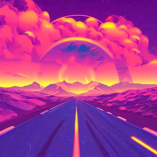 Image similar to Retrowave landscape, synthwave music, digital painting, vivid, album cover, artstation