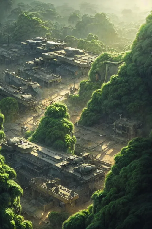 Image similar to a highly detailed matte painting of a post - apocalyptic dieselpunk military base in the jungle aerial view, by studio ghibli, makoto shinkai, by artgerm, by wlop, by greg rutkowski, volumetric lighting, octane render, 4 k resolution, trending on artstation, masterpiece