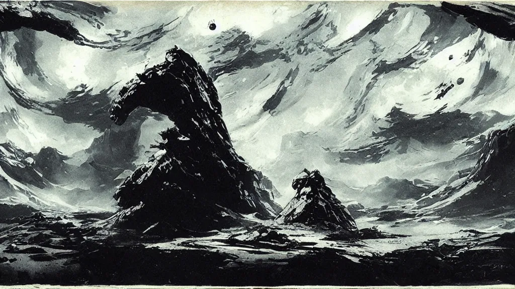 Prompt: a low gravity alien landscape illustrated by peder balke