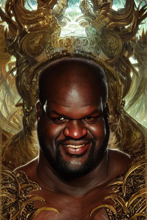 Image similar to portrait of shaquille o'neal as a hulking herculean demon, forest, godlike, full body, fantasy, intricate, elegant, highly detailed, digital painting, artstation, concept art, sharp focus, illustration, art by artgerm and greg rutkowski and alphonse mucha