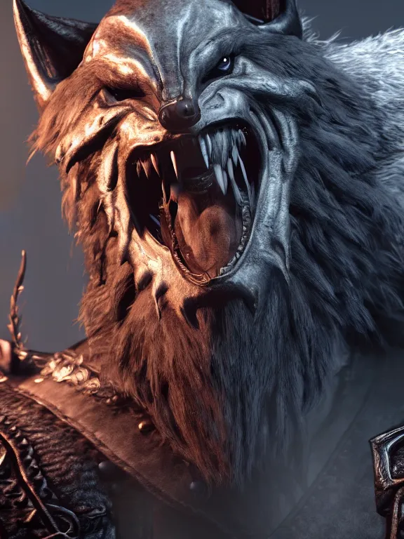 Image similar to cute handsome cuddly burly surly werewolf from van helsing unreal engine hyperreallistic render 8k character concept art masterpiece screenshot from the video game the Elder Scrolls V: Skyrim