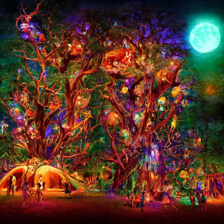 Prompt: closeup of a night carnival inside a magical tree cavity, with a surreal orange moonlight and fireworks, next to a lake with iridiscent water, christmas lights, folklore animals and people disguised as fantastic creatures in a magical forest by summer night, masterpiece painted by storm thorgerson, scene by night, dark night environment, refraction lights, glares