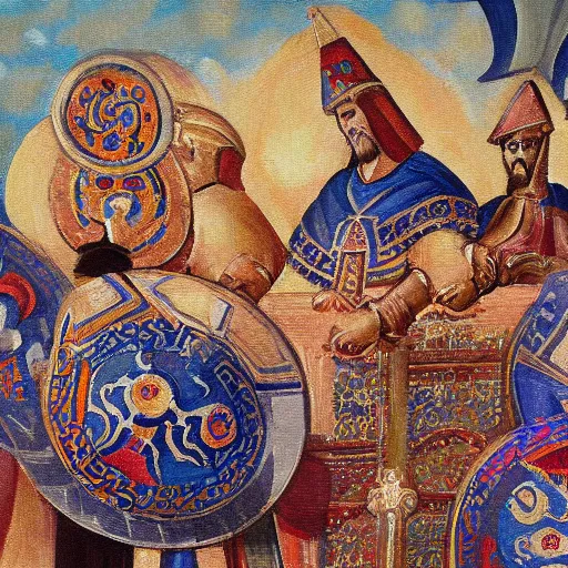 Prompt: highly detailed painting of a byzantine catafract from the game age of empires 2, oil paint on canvas, antique looking